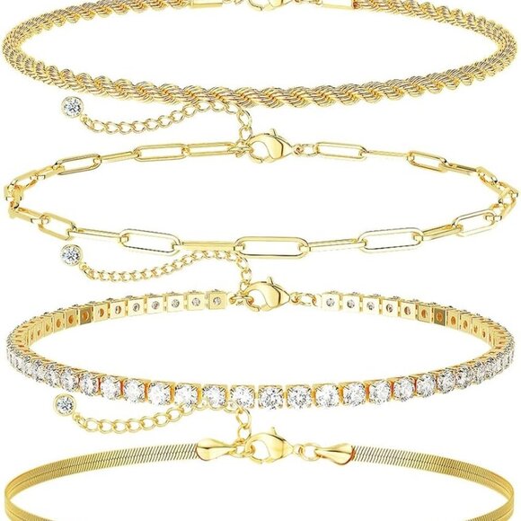 Gold Ankle Bracelets for Women Waterproof - Dainty 6Pcs 14K Gold Plated Anklets - Picture 1 of 9